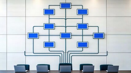 A modern office space featuring a large wall display with multiple screens connected by cables, arranged in a tree-like structure.