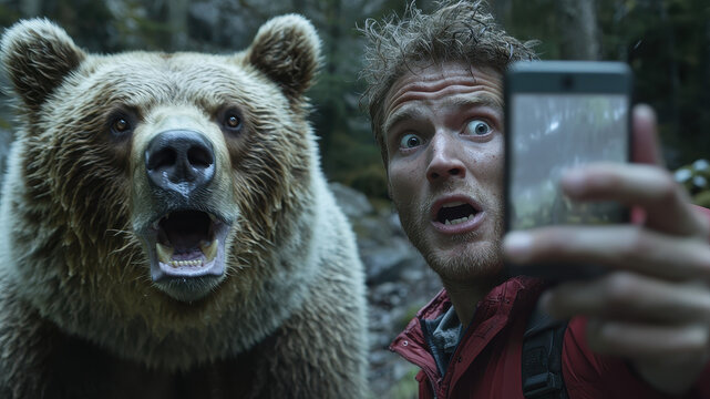 Man takes selfie with bear in wild forest setting during bright daylight in a thrilling encounter