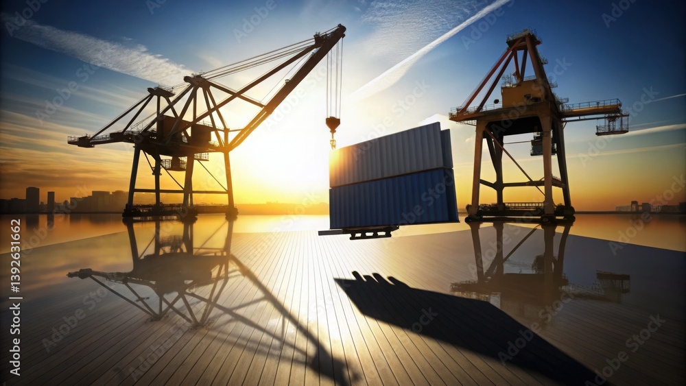 Poster crane and container at sunset with reflection in port setting