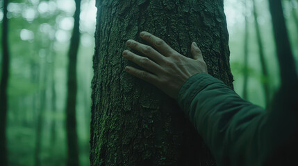 Gentle touch on tree trunk brings a sense of healing and mindfulness in a serene green forest setting
