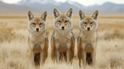 Three Coyotes in High Grass Field, Mountains Background