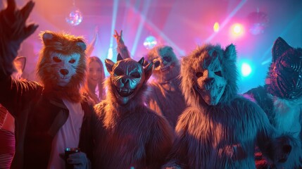 Feline Revelry: A vibrant night of masked revelry with individuals donning eccentric animal masks. A dance floor illuminates the lively atmosphere with vibrant lights.