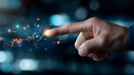 Business Analytics in High Tech Setting   Hand Pointing at Floating 3D Financial Data Deep Blue Background with Illuminated Charts and Market Insights Advanced Economic Forecasting