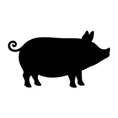 Minimalist black silhouette of a pig with curly tail and rounded body