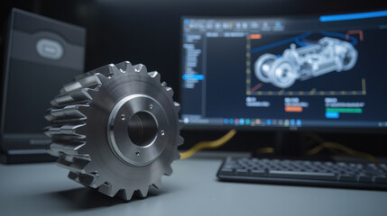 detailed metal gear sits prominently workbench, with computer screen displaying technical drawings background, showcasing engineering precision
