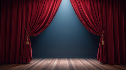 Fototapeta premium dramatic stage with red curtains drawn open, revealing spotlight on dark background, creating inviting atmosphere for performance