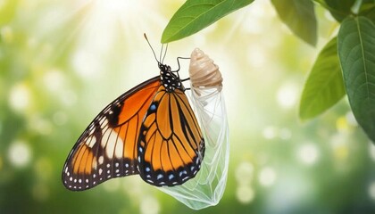 Naklejka premium Monarch Butterfly Emergence: Orange Wings, Cocoon, Green Leaves, Sunlight.