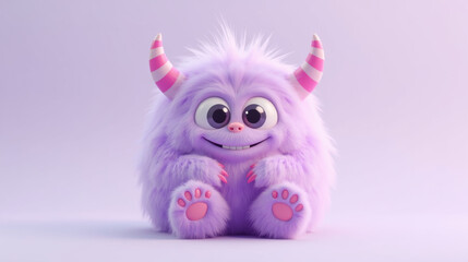 Fototapeta premium Cute purple monster with fluffy fur, big eyes, and playful expression, sitting on soft background