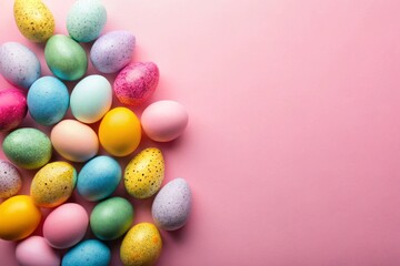 Obraz premium Top view of colorful eggs on pastel pink background with empty space.