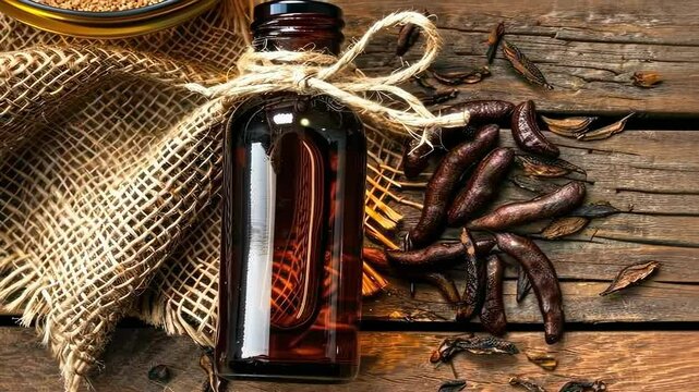 carob essential oil. Selective focus