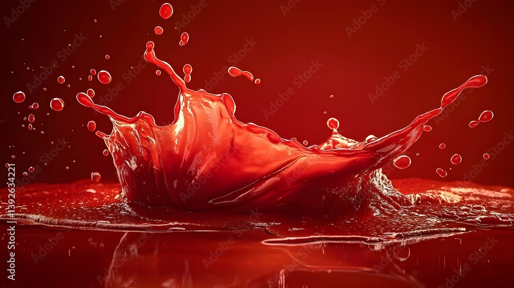 Poster dynamic mid air splash of tomato ketchup with scattered droplets creating a fluid and natural effect