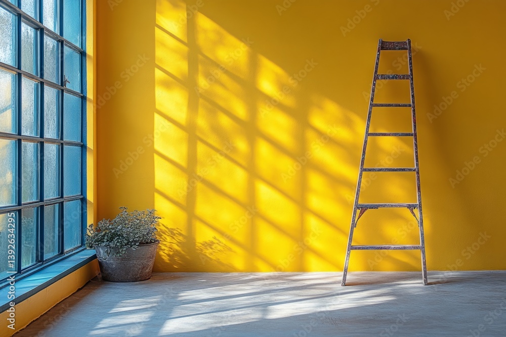 Aufkleber sunlight streaming through a large window casting shadows on a yellow wall with a wooden ladder in a