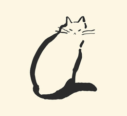 Minimalist brush pen cat illustration. Hand-drawn ink drawing. Brush pen line art  