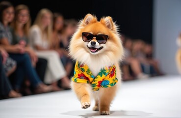 Fluffy Pomeranian dog confidently struts on fashion show catwalk. Cute dog wears colorful outfit sunglasses captivating audience. Playful pet model walks runway fashionable event.