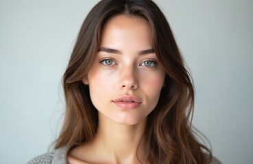 Fototapeta premium Portrait young beautiful woman with perfect smooth skin. Face close-up features clear, fresh skin. Pretty female model, natural beauty, looking straight at camera.