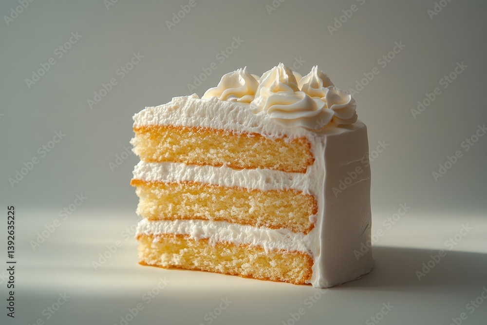 Poster tempting slice of layered cake with rich white frosting, creating a decadent dessert against a simpl