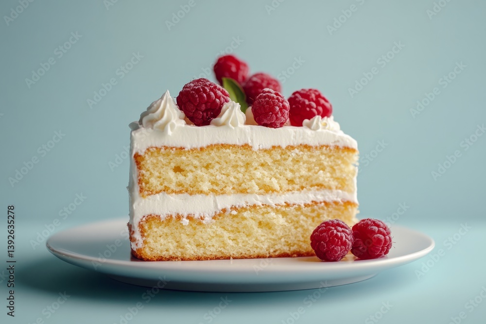 Poster tempting slice of layered sponge cake with whipped cream and fresh raspberries, creating a sweet and