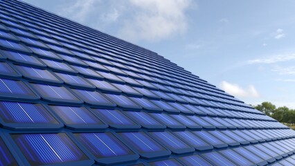 Roof covered with solar tiles - 3D illustration