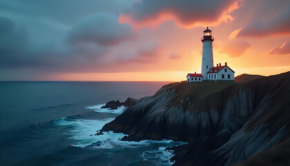 Majestic Lighthouse at Sunrise over Dramatic Coastline