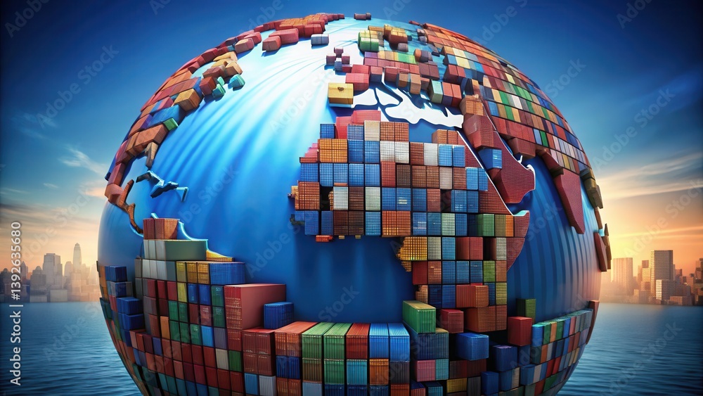 Poster 3d globe with containers representing global trade and shipping