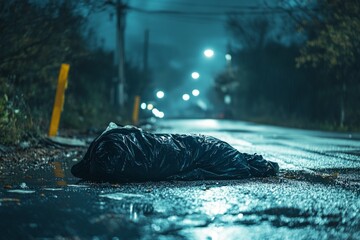 Black body bag lying on a wet asphalt road at night, suggesting a crime scene or accident