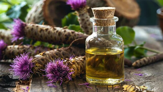 burdock essential oil. Selective focus