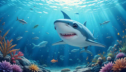 Cartoon Shark Swimming Underwater with Fish and Coral Reef Scene