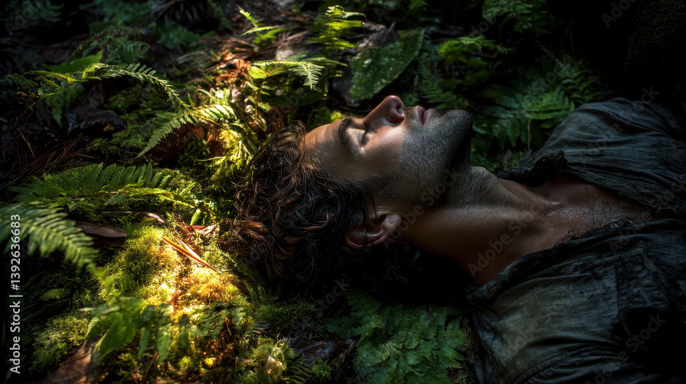 Poster man relaxes on mossy forest floor surrounded by ferns as golden sunlight filters through the trees i