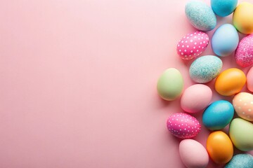 Obraz premium Top view of colorful eggs on pastel pink background with empty space.