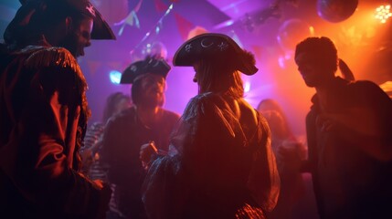 Energetic Dance in a Nightclub: Revelers in historic attire, gather in a vibrant nightclub. Their silhouettes moving in sync with the music.