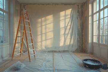 Room being renovated with wooden ladder and plastic sheets covering the floor and wall