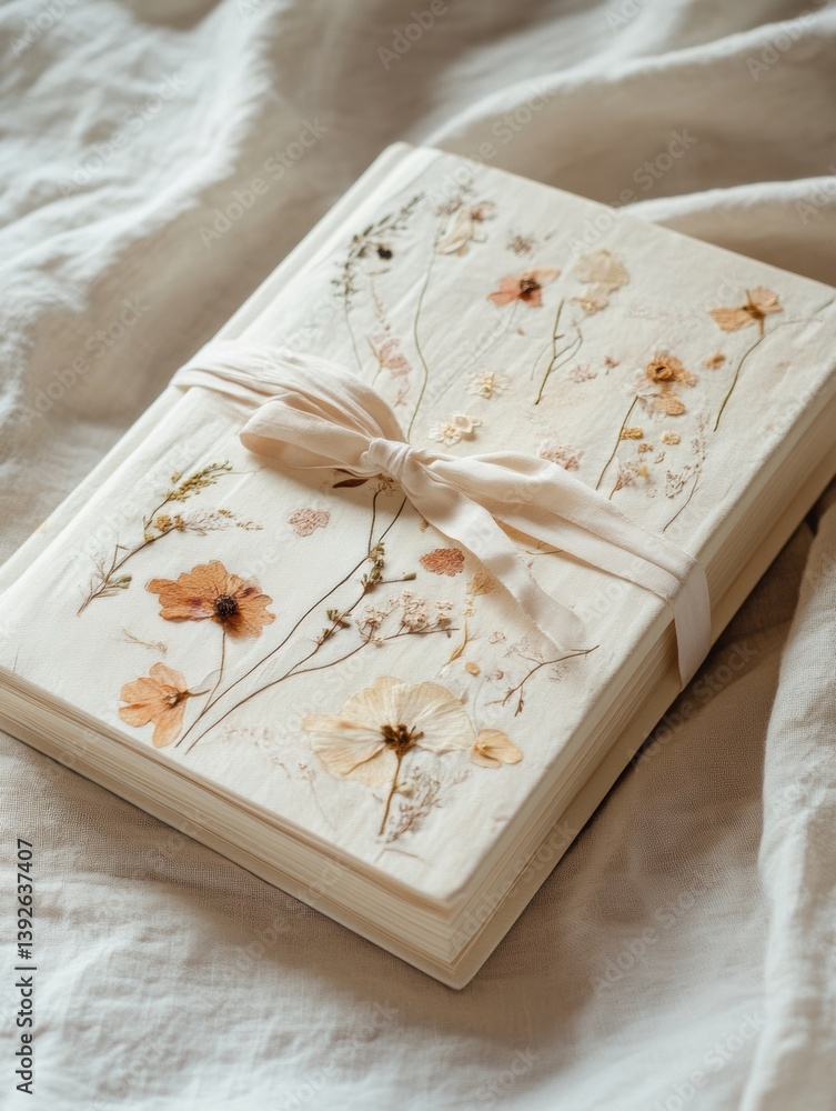 Aufkleber cream-colored journal with pressed flowers and a ribbon resting on soft fabric under warm light duri