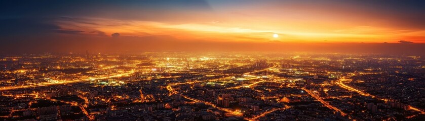 Obraz premium Aerial cityscape illuminated by the warm colors of a sunset