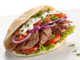 Obraz premium a close-up of a doner kebab sandwich, also known as a döner dürüm or simply a kebab. It is served in a pita-like bread that has been cut open and filled with thin slices of seasoned meat