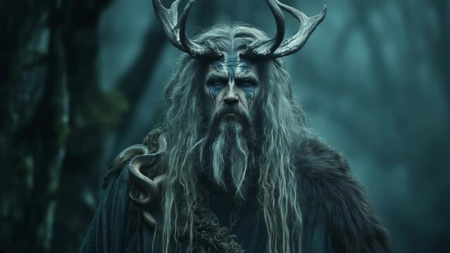Veles, the slavic god of earth and magic, emerges from a misty forest with snakes and antlers