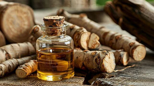 burdock essential oil. Selective focus