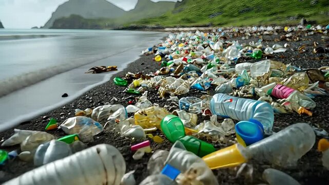 A beach covered in plastic waste instead of sand, designed with layered paper cut techniques