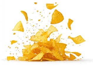 Naklejka premium Explosion of yellow tortilla chips with spices falling on a white background