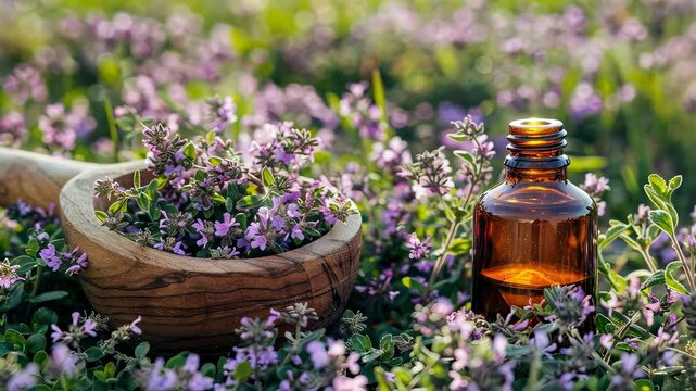 cumin essential oil and mortar. Selective focus