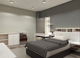 3D Interior Rendering of Minimalist Bedroom Design with Dressing Table and Drawer Storage Cabinet