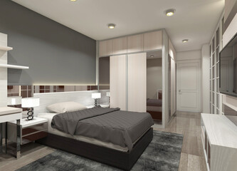 3D Interior Rendering of Minimalist Bedroom Design with Simple Headboard and Clothes Wardrobe