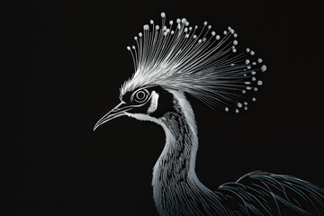 Crested Crane Portrait in White Line Art. Elegant, detailed white line art of a crested crane against a stark black background. The bird's intricate features are beautifully highlighted.