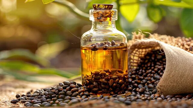 castor essential oil. Selective focus