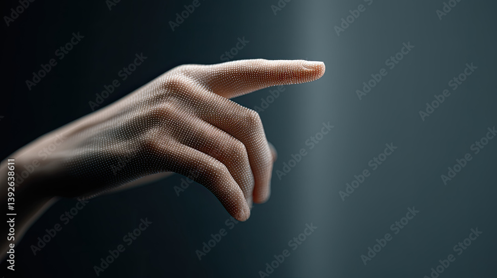 Poster hand with digital mesh effect points forward