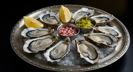 A seafood platter featuring raw oysters paired with mignonette sauce, horseradish and pickled shallots, arranged on a vintage silver platter.