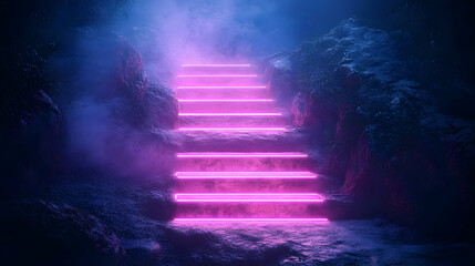 Glowing steps in misty mountains. Use fantasy background
