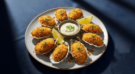 A decadent dish of fried oysters coated in crispy panko breadcrumbs, served with tangy tartar sauce and a lemon wedge.