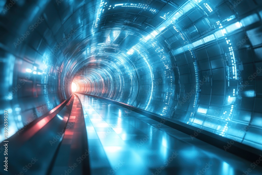 Poster light trails in a futuristic tunnel create a surreal journey through technology at night