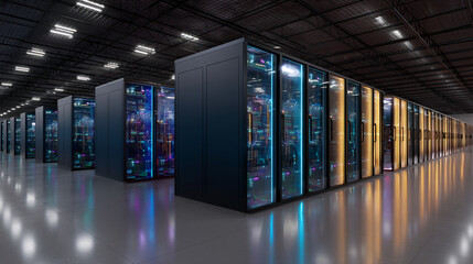 Rows of illuminated server racks in a modern data center, showcasing advanced technology and digital infrastructure, symbolizing innovation, connectivity, and data processing