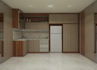 3D Interior Rendering of Wooden Kitchen Cabinets Design